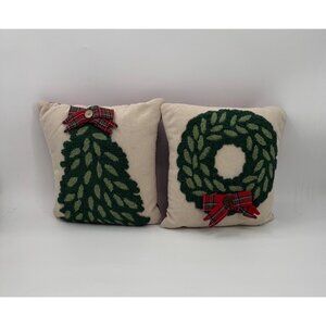 Christmas Tree & Wreath Decorative Throw Pillows Set Of 2 16"x16" Mud Pie Cotton